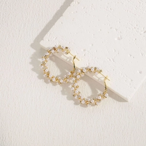 Elegant 14K gold plated hoop earrings with white pearls and sparkling cubic zirconia