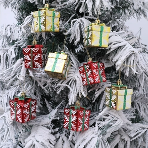 Christmas Tree Hanging Ornaments Mini Gift Box Shaped Decorations Painted Plastic Snowflake Red Gold Glitter Holiday Party Decor