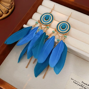 Detail of bohemian drop earrings with blue feathers and gold chains in a velvet box