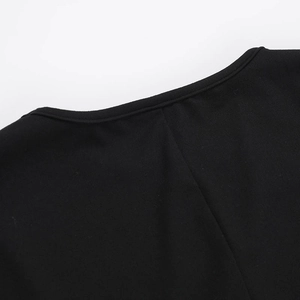 Close-up of a black long-sleeve dress neckline showing round collar and sewing detail