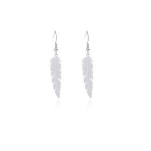 Detailed view of silver bohemian feather drop earrings with realistic metal textures