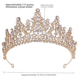 Detailed view of luxury gold crystal bridal crown with 7.2cm height and 15.5cm diameter