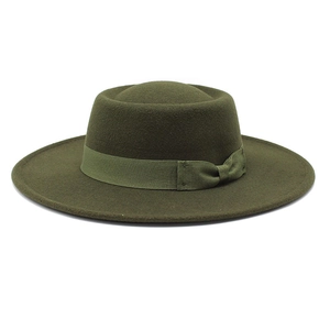 Army green wide brim wool felt jazz hat with flat top and ribbon bow decoration
