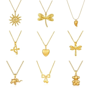 Detailed grid of 18K gold plated necklaces featuring sun, heart, and animal charms