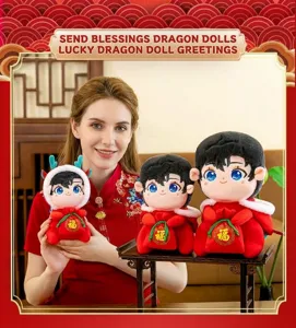 2024 Chinese Zodiac dragon plush doll mascot featuring festive red outfit and Fu bag