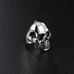 Gothic punk skull ring for men in polished silver stainless steel on black base