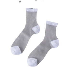 Minimalist grey sheer mesh crew socks with white toe and heel accents for women