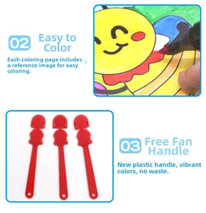 Detail of DIY kids paper fan set showing unpainted cartoon pattern and red plastic handles