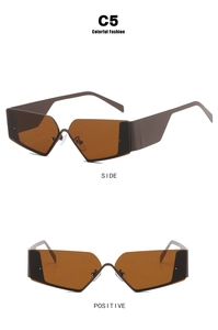 Side and front view of geometric Y2K rimless sunglasses in matte brown finish