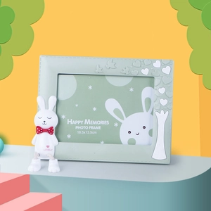 Cute green rabbit photo frame with 3D bunny pendant for children desktop decoration