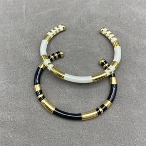 French Niche Design C-Shaped Open Bangle Gold Metal Enamel Stripe Adjustable Bamboo Joint Style Cuff Bracelet Women Jewelry