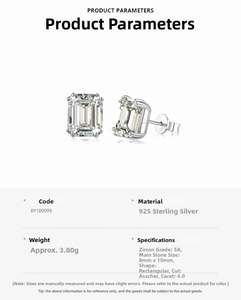 Detailed view of S925 sterling silver stud earring with 4.0ct emerald cut 5A zircon