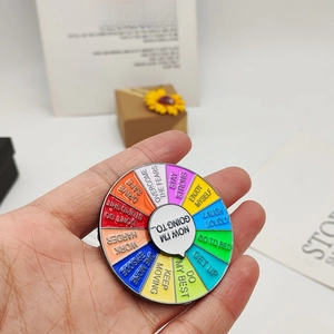 Detailed close-up of rainbow emotion wheel pin with various motivational English phrases