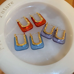 Vintage Geometric U-Shaped Hoop Earrings With Acrylic And Stainless Steel Earring Post