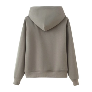 Detail view of the back of a taupe drawstring hoodie featuring ribbed cuffs and hem