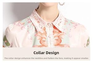 Close-up of lapel collar on vintage shell print long sleeve dress with silky texture