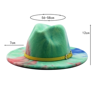 Detail view of tie-dye wool fedora hat with dimensions 56-58cm, 12cm height, and 7cm brim