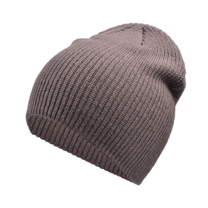Detail of dark brown ribbed knit beanie showing thick texture and warm winter material