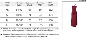 Detailed size chart for the backless slit evening dress showing XS to L measurements