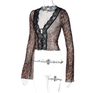 Detail of leopard print mesh top featuring black lace trim on V-neck and front edges