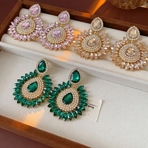 Luxury oversized sunflower rhinestone teardrop earrings in pink, champagne, and emerald
