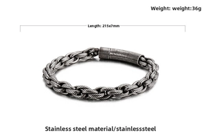Detail of vintage stainless steel woven bracelet showing 215mm length and 36g weight