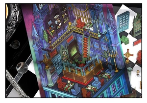 Macro shot of gothic miniature house scenery stickers with dark purple fantasy interior design