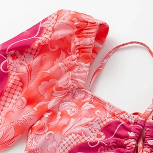Orange gradient long sleeve bikini set with floral print and smocked details