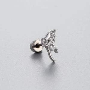 Silver titanium steel butterfly cartilage stud earring with cubic zirconia inlay