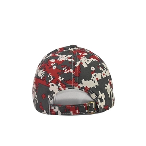 Detail view of red digital camo baseball cap showing metal buckle and 6-panel stitching