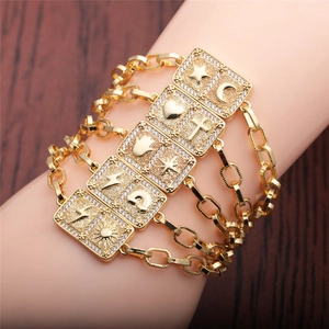 Adjustable Copper Bracelet Gold Plated Zircon Rectangular Pendant Lightning Moon Heart Charms Hip Hop Jewelry Women
