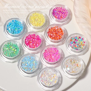 Mermaid colored glass beads for nail art in multiple iridescent shades and containers