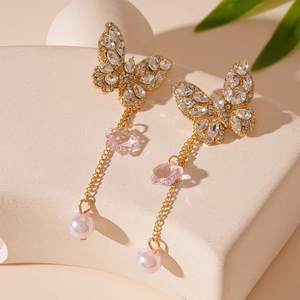 Alloy Rhinestone Butterfly Earrings With Flower Imitation Artificial Pearl Tassel And Silver Earring Post