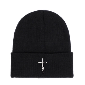 Bonnet En Tricot Acrylique Broderie Croix Faith Hiver Chaud Hip Hop Streetwear Bonnet À Revers Pour Hommes Femmes
