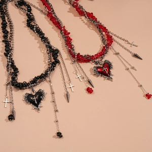 Gothic style heart and cross tassel necklace with crushed stones in black and red