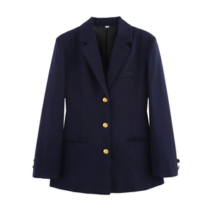 Detail of navy blue blazer featuring classic lapels and textured gold buttons