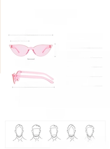Detailed dimension chart for pink cat eye sunglasses with frame and lens measurements