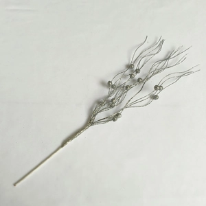 Detail of 43cm sparkling silver glitter stems with berry-shaped ornaments for Christmas