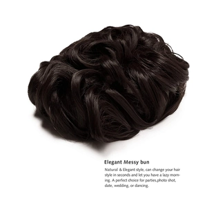 Detail showing an elegant messy bun hair piece with natural synthetic hair texture