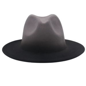 French style fedora hat featuring grey and black gradient wool felt with a wide brim