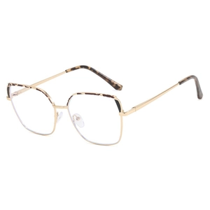 Classic cat-eye glasses with golden metal frames and leopard print details on white background