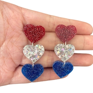 Independence Day patriotic earrings with red, silver and blue glittery acrylic hearts