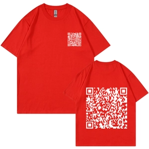 Red Harajuku style t-shirt with QR code prints on front and back views in 2025 fashion