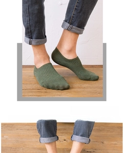 Detail of olive green knitted invisible socks with vertical texture and low-cut design