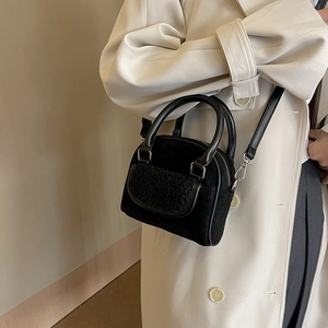Minimalist black plush patchwork tote bag with handle and shoulder strap for women