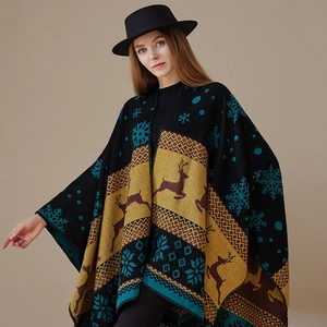 Ethnic knit poncho with reindeer and snowflake patterns in black and khaki tones