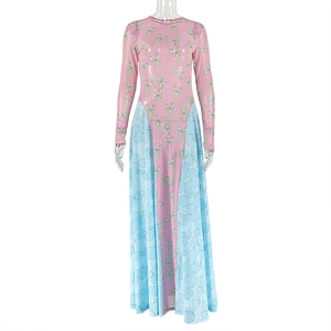 Detail of waist-cinching A-line dress with pink and blue lobster bubble print pattern