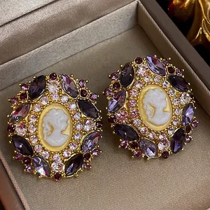 Baroque vintage cameo portrait earrings with colorful crystal rhinestones in gold finish