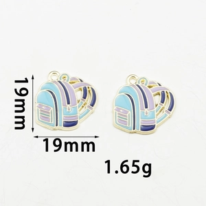 Detailed view of light blue and purple backpack alloy pendants with dimensions of 19mm
