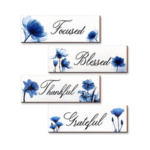Set of 4 white wooden floral wall plaques with Focused Blessed Thankful Grateful text